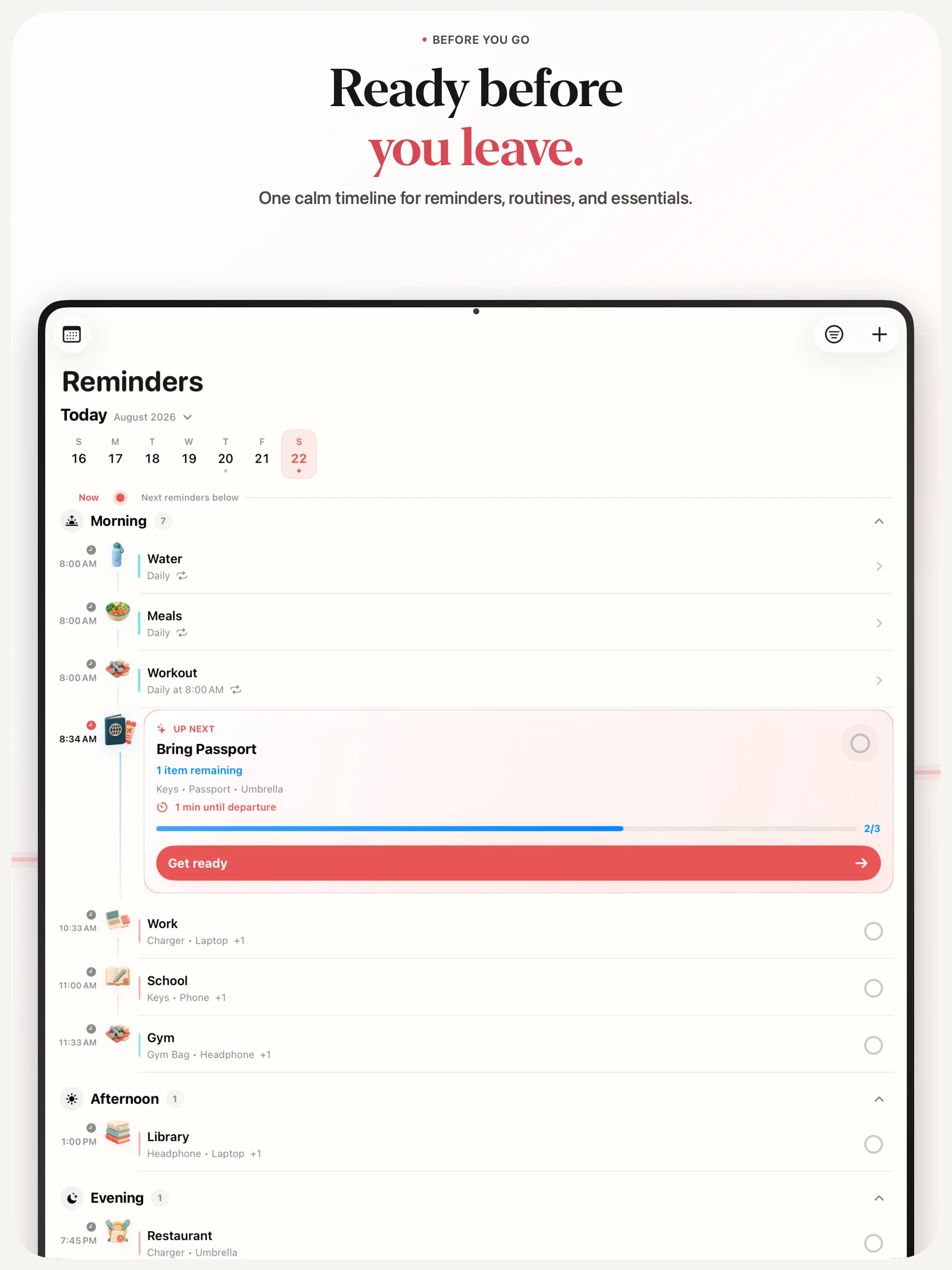 Before Leaving reminders timeline on iPad