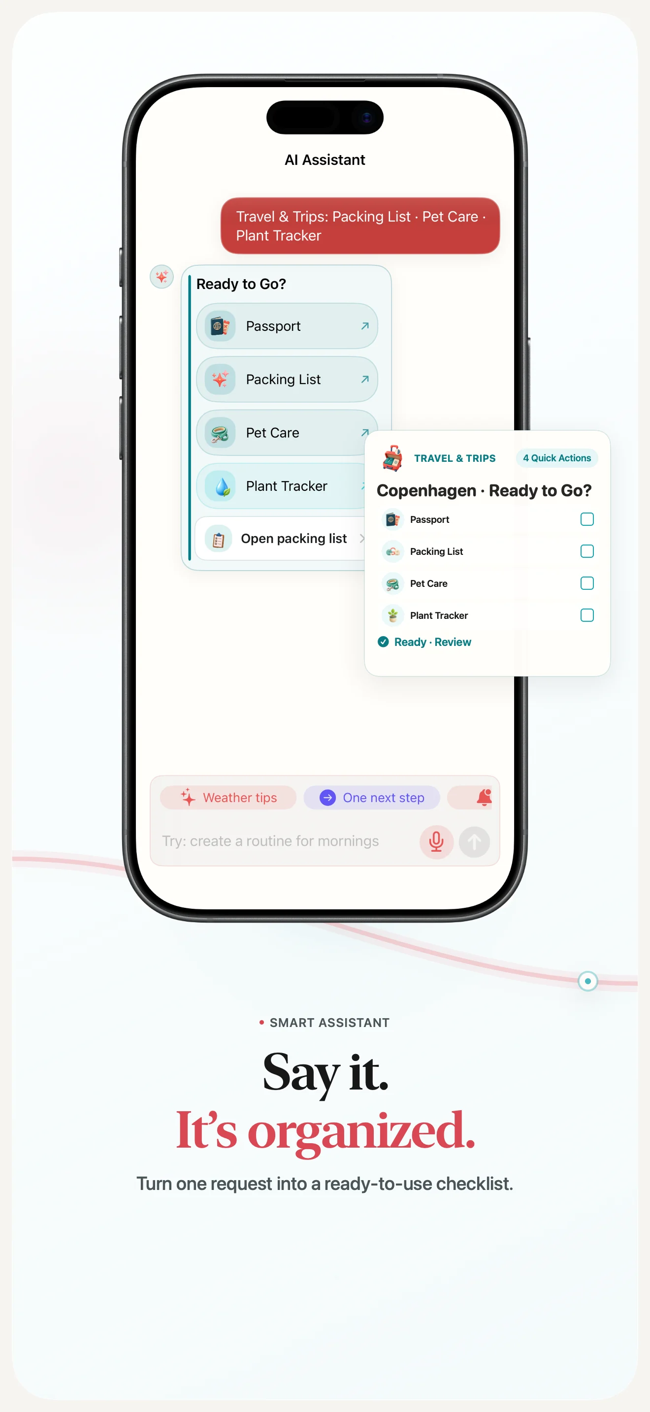 AI Assistant turning a travel request into a checklist