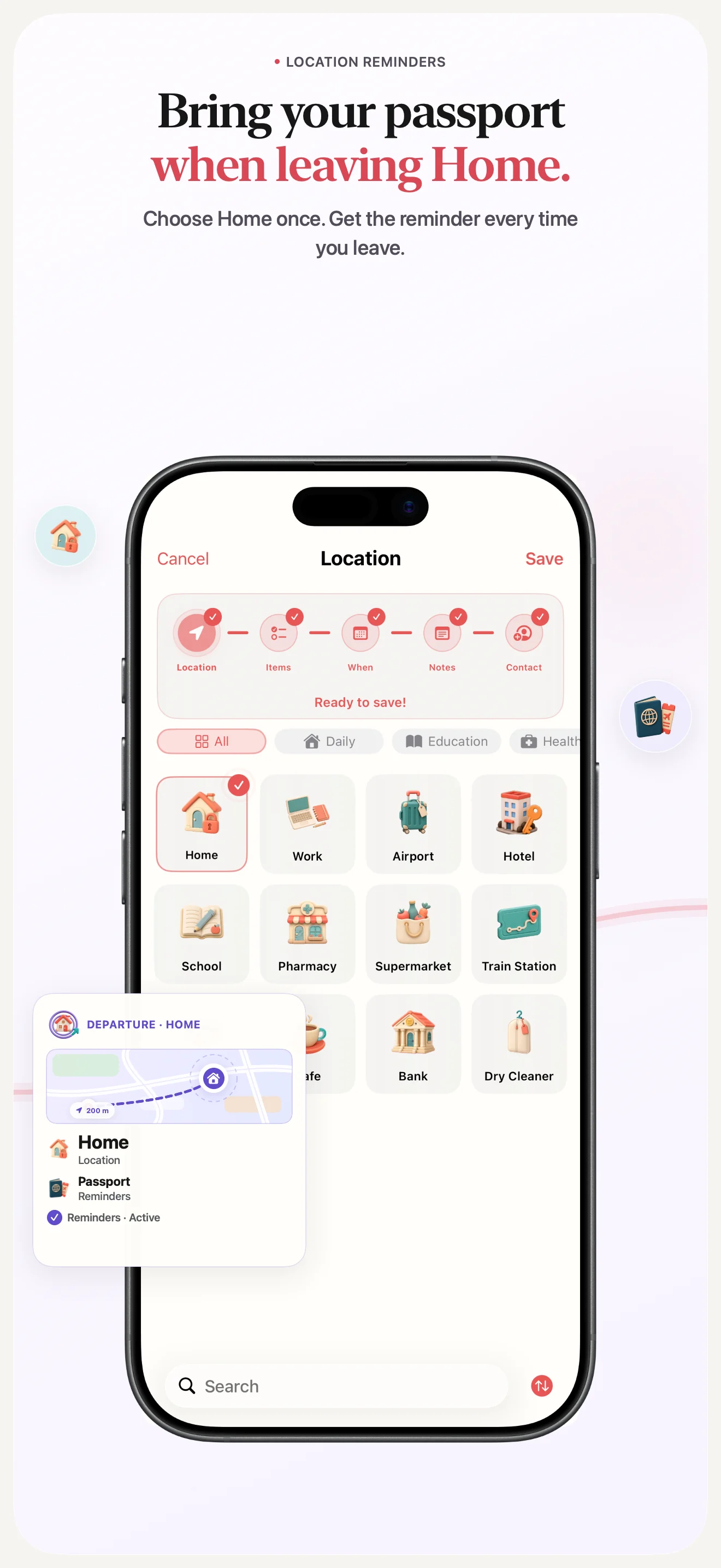 Choosing Home for a location reminder to bring a passport