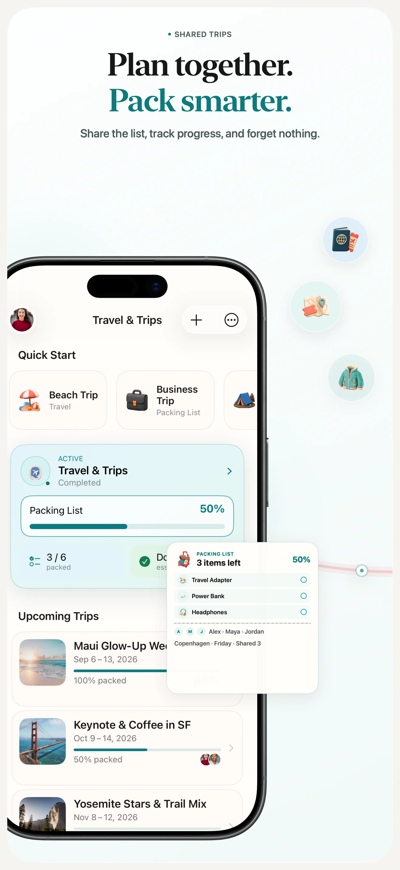 Before Leaving shared trips and packing preview
