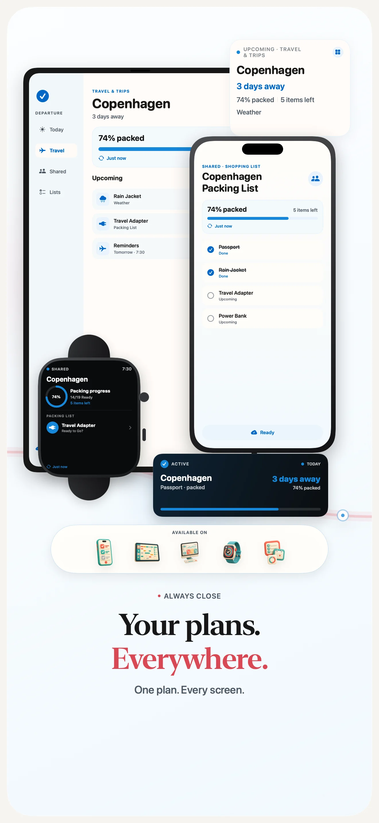 Before Leaving plan shown across iPad, iPhone, Apple Watch, Mac, and widgets