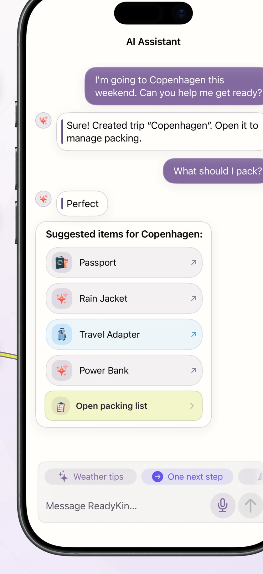 ReadyKin AI Assistant suggesting items for a Copenhagen trip