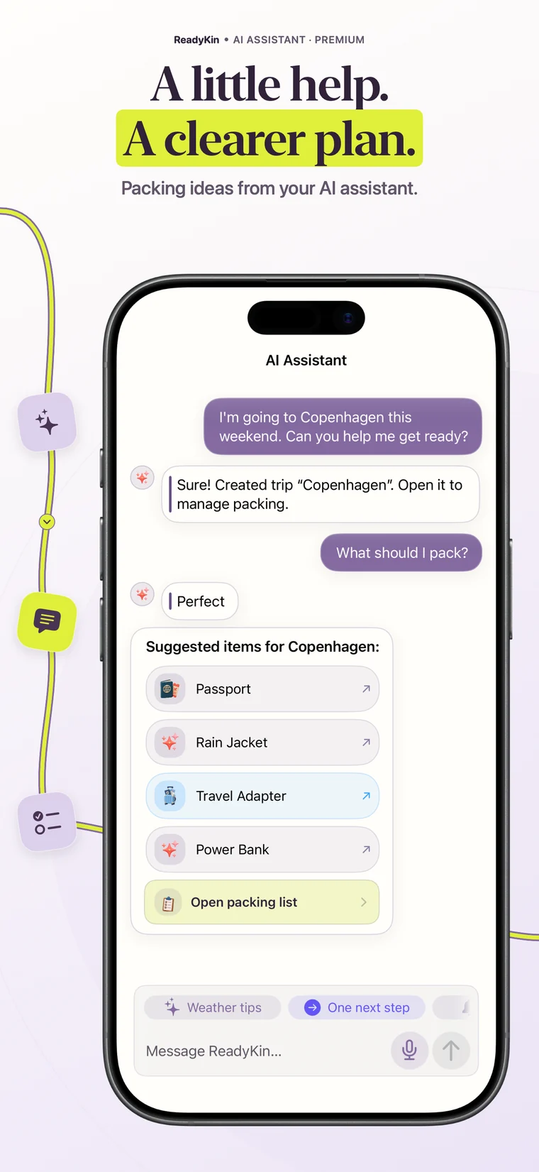 ReadyKin AI Assistant creating a packing plan