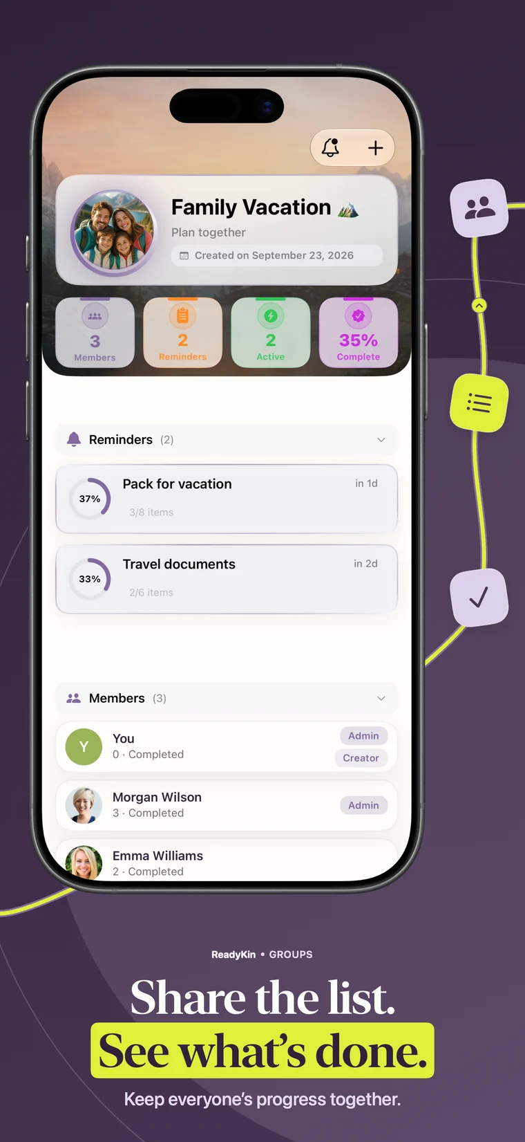 ReadyKin shared trip and group progress