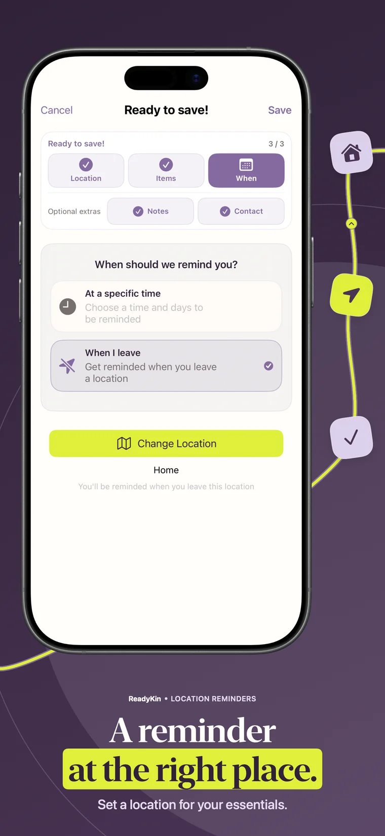 ReadyKin location reminder setup