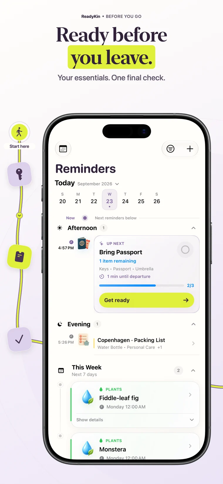 ReadyKin reminder timeline with a passport reminder and a trip packing list